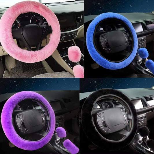 3Pcs/Set Warm Faux Wool Steering Wheel Cover 38Cm Fur Fluffy Thick Auto Car Steering Wheel Plush Cover Soft Wool Decoration Car